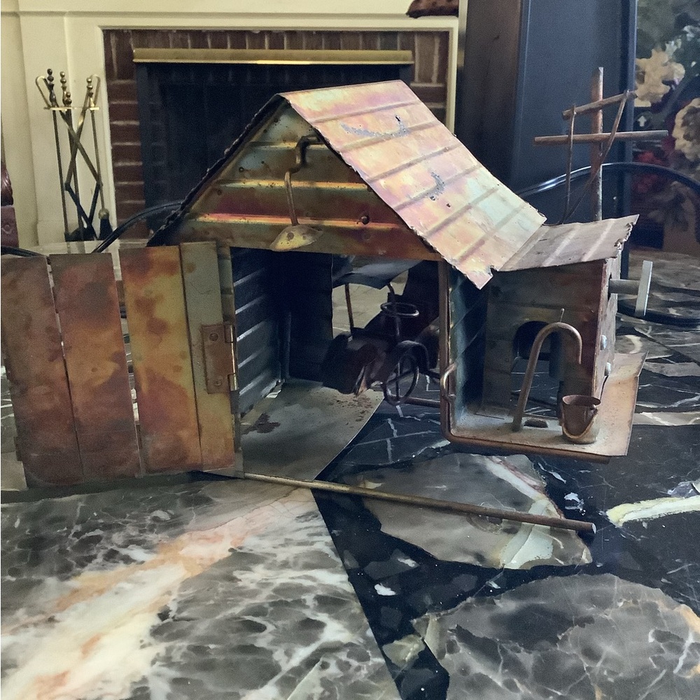 Vintage copper brass animated musical barn antique car tabletop sculpture